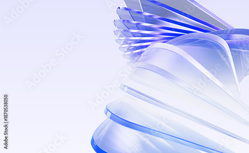 Abstract glass 3d background with layered effect, pastel light purple blue gradient. Render dynamic wave line pattern of crystal glossy shapes, graphic array. Futuristic tech banner. 3D illustration