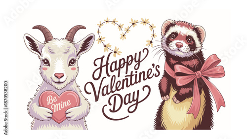 Valentine's Day Greeting: Two charming animal companions, a goat and a ferret, share a heartwarming message of love amidst a floral heart decoration, celebrating the joy of Valentine's Day.