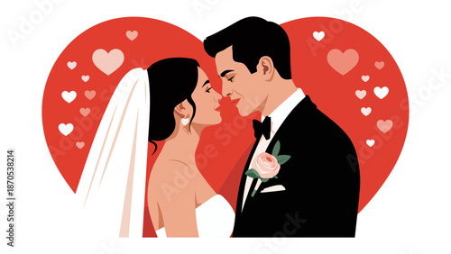 Eternal Vow: Capturing a tender moment, a couple in wedding attire shares a loving gaze in front of a symbolic heart, an illustration of love, commitment, and union.