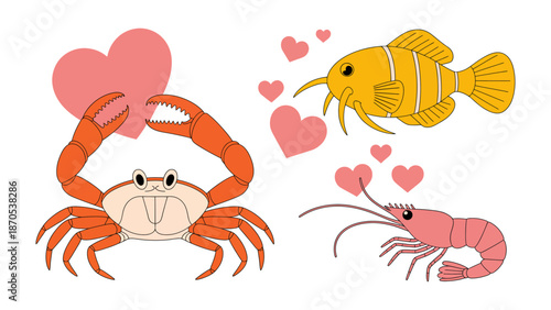 Marine Romance: A charming illustration depicts an endearing scene of marine creatures, a crab, clownfish, and shrimp, each with hearts, showcasing marine life affection.