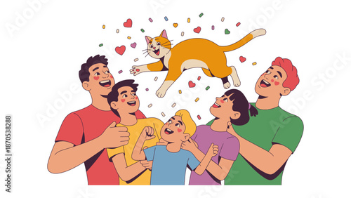 Joyful Reunion: A family beams with delight, embracing a leaping feline amidst a shower of hearts, capturing a moment of pure bliss and affection.