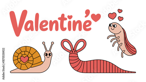 Love Bugs Valentine's Day: whimsical illustration captures the spirit of Valentine's Day. It is featuring cute snail, worm, and caterpillar to convey love and affection, enhanced with hearts