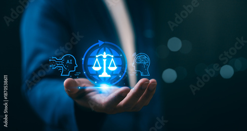 AI ethics, Integrating AI and law. A professional works on a laptop showing symbols of artificial intelligence and digital justice. Legal tech, global network governance, and future regulation.