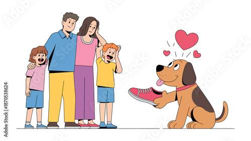 A Loyal Companion: An illustration depicts a heartwarming scene where a dog presents a shoe to a loving family.