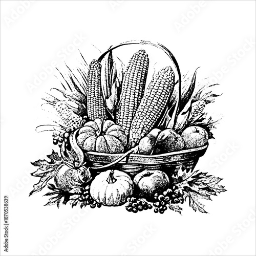 Vintage Engraved Harvest Basket Illustration