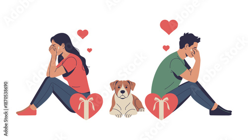 Heartbreak & Healing: Two figures, their backs turned and hearts broken, find solace in the comforting presence of a loyal companion. The scene evokes a sense of shared pain, resilience.