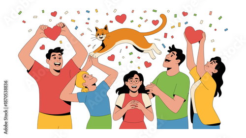 Love for Pets: In a cheerful scene of human kindness, a ginger cat leaps joyfully, celebrated by a group of delighted individuals holding hearts, against a backdrop of confetti