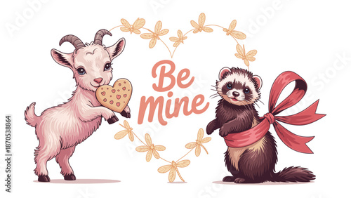 Valentine's Day Friendship: An adorable pair of charming animal companions, a baby goat and a ferret, exchange heartfelt sentiments within a heart-shaped frame, celebrating love and camaraderie.