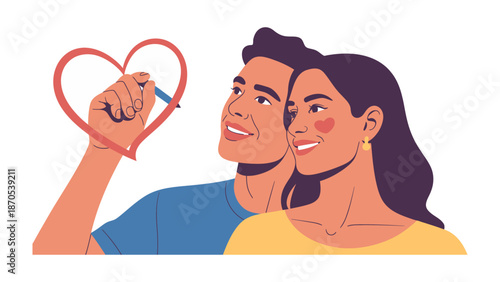 Love's Tender Touch: A loving couple shares a moment of affection, with one delicately sketching a heart in the air. This illustration portrays a sense of warmth, care.