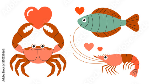 Love in the Ocean: A delightful illustration showcases the affectionate side of sea creatures, including a crab embracing a heart, a fish with love and a shrimp expressing tenderness.