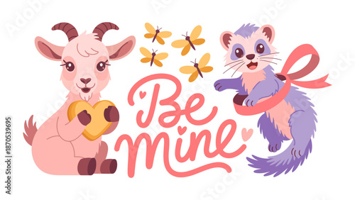Love and Friendship: Adorable goat and ferret illustration with hearts and butterflies creating a heartwarming design suitable for various occasions.