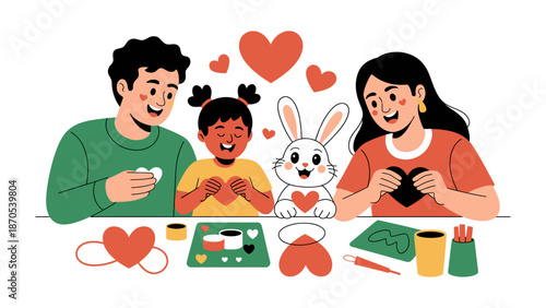 Family Crafting Together: A happy family engaged in crafting together, creating heart-shaped crafts, showcasing a scene of joy and familial bonds.