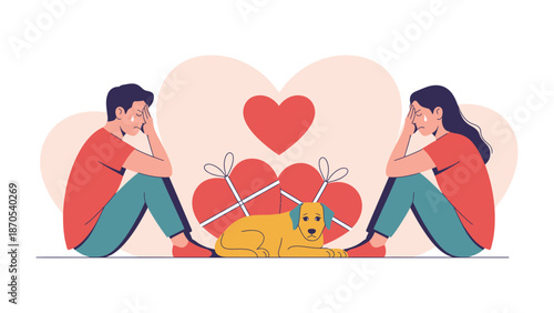 Broken Hearts, Shared Comfort: Amidst a backdrop of shared sorrow, a man and a woman find solace in each other's presence and the unwavering love of their canine companion.