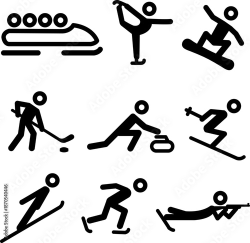 Winter sports stickman icons set for 2026 games. Vector pictograms including bobsleigh, skating, snowboard, hockey, curling, ski and biathlon. Black line art.