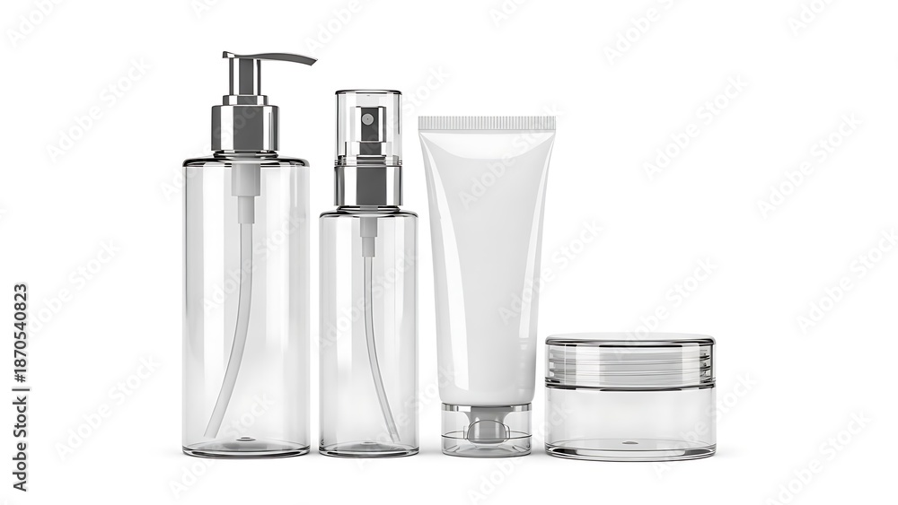 Obraz Clear cosmetic bottles and tubes with silver caps clear bottles cosmetic packaging empty containers