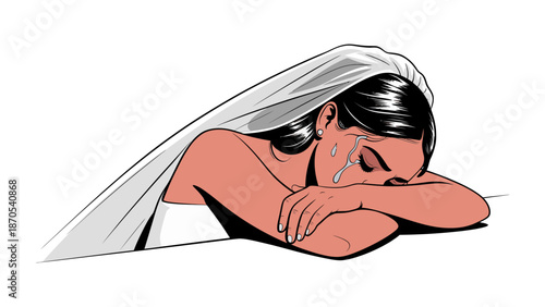 Tears of the Bride: A poignant illustration captures a bride in a moment of emotional vulnerability, tears flowing down her face.
