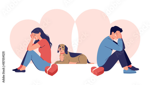 A Heartbreak Apart:  Depicts a man and woman in profound sadness, separated yet connected through broken hearts.