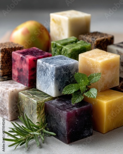 On the table are arranged cubes of frozen food in the form of puree in different colors, with herbs or fruit for decoration.
