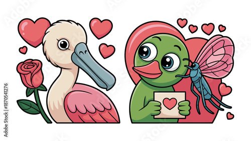 Love's Embrace: Adorable cartoon character pair express their affections with heartfelt gestures like heart-shaped elements, a rose, and a love note, all set against a backdrop of tender sentiments