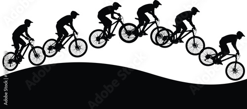 Cyclist silhouette vector, motion sequence, curved ramp, physics concept, kinetic energy, gravity, momentum, sport action, black illustration, dynamic movement, outdoor activity