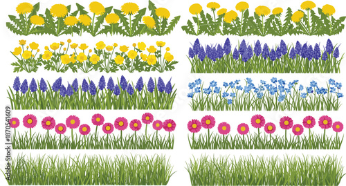 Flower and grass vector illustration set, colorful botanical rows, garden bloom design, nature clipart collection, decorative landscaping elements