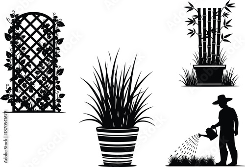 Gardening vector illustration set, black silhouette collection, plant care graphics, trellis and potted plants, watering activity icon, nature design elements