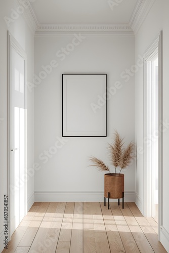 Empty Modern Hallway With Blank Square Frame Mockup, Natural Light and Pampas Grass Decor