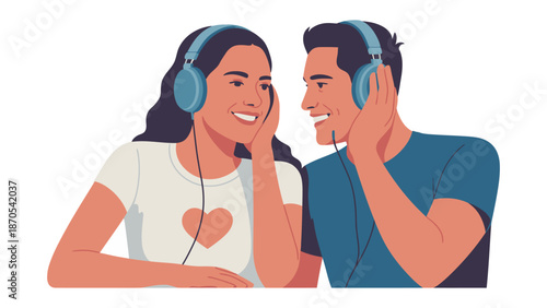 Listening to music: A couple enjoys shared musical experience, wearing headphones, immersed in the melodies.