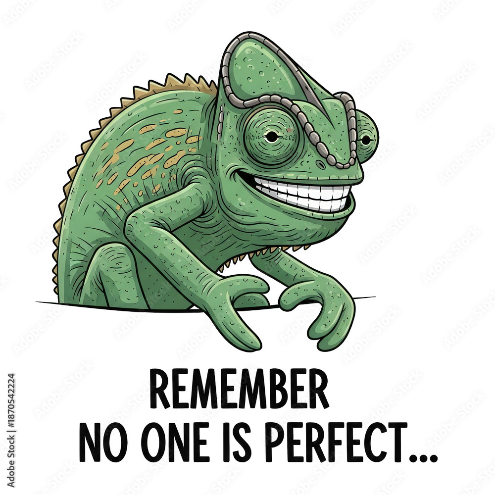 Obraz premium A cartoon green chameleon with glasses and a cheerful smile is sitting on the ground with a motivational quote about perfection