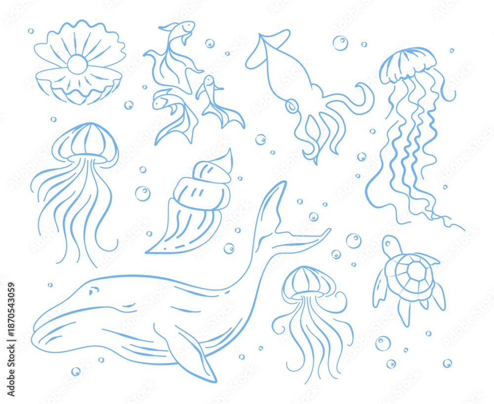 Obraz premium Doodle set of marine animals isolated on white. Vector illustration of blue line shell, fish, squid, jellyfish, whale, turtle swimming in water with bubbles, exotic sea animals, underwater wildlife
