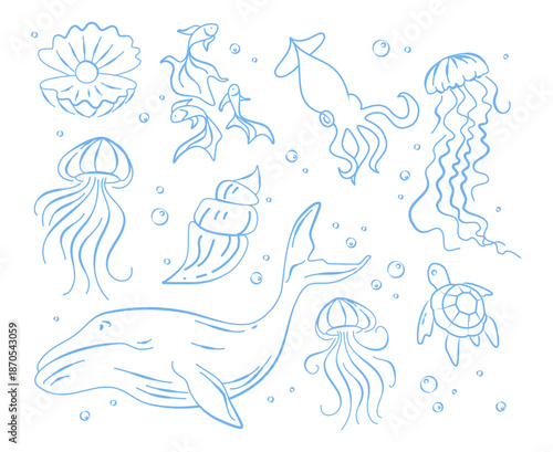 Doodle set of marine animals isolated on white. Vector illustration of blue line shell, fish, squid, jellyfish, whale, turtle swimming in water with bubbles, exotic sea animals, underwater wildlife