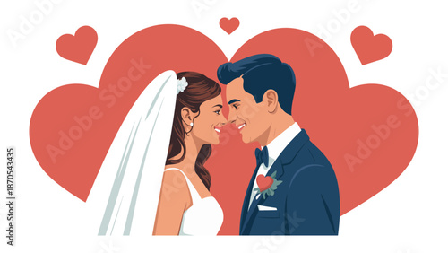 Love's Embrace: A radiant couple gazes into each other's eyes, their affection framed by delicate hearts. Capturing a moment of pure bliss and the promise of a lifetime together.