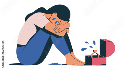 Heartbreak and Disappointment: A woman is sitting with a gesture of sad in an illustration picture , revealing an open engagement ring box