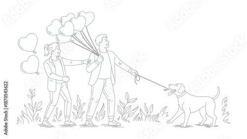 Love in Every Step: A couple strolls hand in hand, each clutching heart-shaped balloons, as they joyfully walk their dog, creating a scene of love, happiness, and shared adventures. 