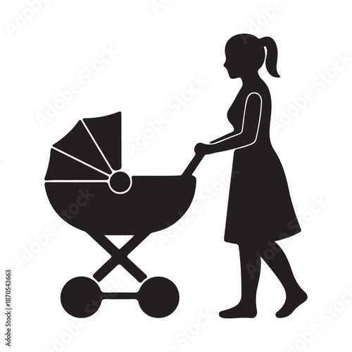 Silhouette of a woman pushing a baby stroller isolated on a transparent background