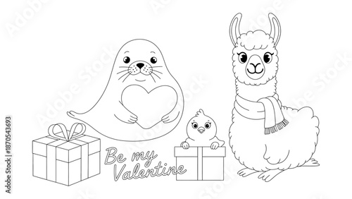 Valentine's Illustration: Adorable line art illustration. A cute illustration celebrating Valentine's Day. Featuring a sea lion holding a heart, a chick in a gift box, a llama with a scarf.