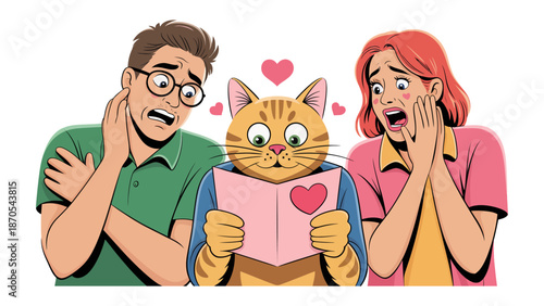 The Cat's Love Letter: A quirky illustration captures a human couple's bewildered reaction to a cat, who is reading love letter to the couple. A unique and humorous take on relationships.