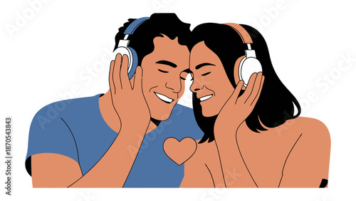 Harmony in Sound: A tender couple, immersed in the shared experience of music, finds solace and connection through the melody, embracing each other with headphones on.