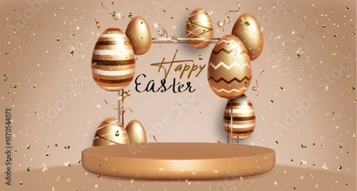 Round stage and golden Easter eggs and falling confetti on pastel background. Vector realistic illustration of luxury holiday card decoration, sale presentation, platform for product, festive banner