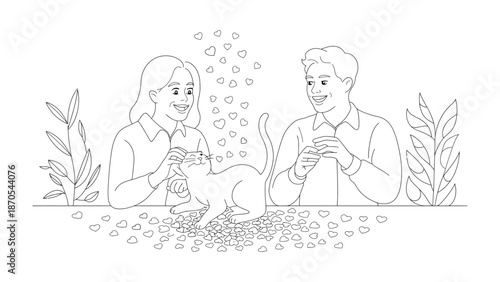 A Sweet Moment of Affection: A heartwarming illustration depicts a couple sharing a tender moment with their cat, as a shower of hearts symbolizes love and affection.