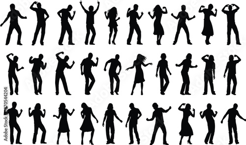 Black Silhouette Collection of Diverse People Dancing and Celebrating, Crowd Vector Set for Nightclub Party Event Music and Festive Design