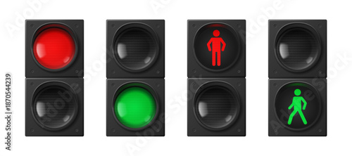 3D traffic lights set isolated on white. Vector realistic illustration of stop and go signals for pedestrians and transport, red and green semaphore lights, street safety equipment, warning stoplight