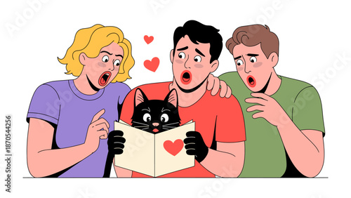 Surprised group looking book: A group of people gather around an open book, their expressions of shock and surprise. They are focused on something within the book that has captured their attention.
