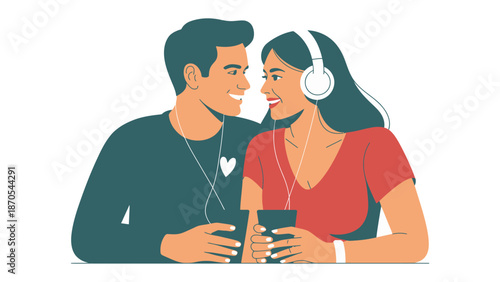 Connected Hearts, Shared Melody: A couple is engrossed in their own shared musical experience through headphones, a symbol of their connection and the intimate nature of sharing sound. 