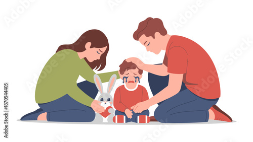 Support and Comfort: A tender scene depicts a concerned parent consoling a weeping child, offering solace and support during a moment of distress with stuffed animal. 