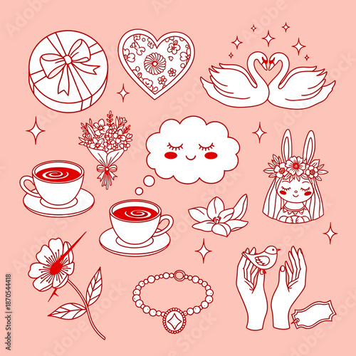 Collection of charming hand-drawn romantic symbols and cute elements for Valentines Day.