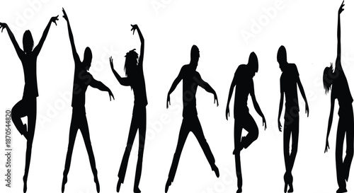 Black Silhouette Collection of People Dancing and Expressing Graceful Motion, Diverse Dancers Vector Set for Arts Performance and Creative Design