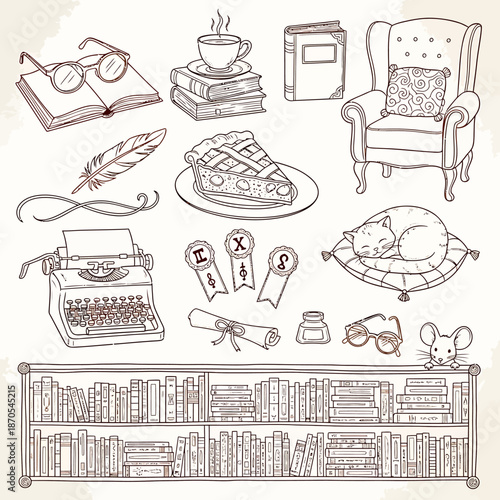 Cozy Reading Nook Elements Hand-Drawn Illustration Set.