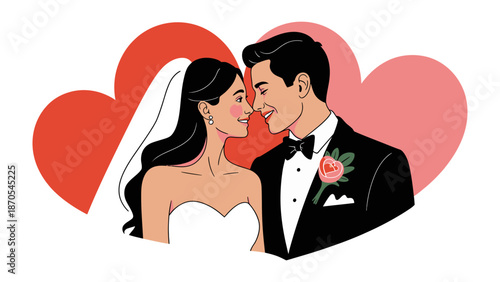 Eternal Embrace: A tender moment captured between a bride and groom on their wedding day, framed by two hearts symbolizing love.