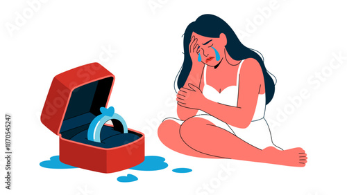 Rejected Proposal: A dejected woman sits beside an open ring box, with a gleaming engagement ring as tears stream down her face, conveying a sense of heartbreak.